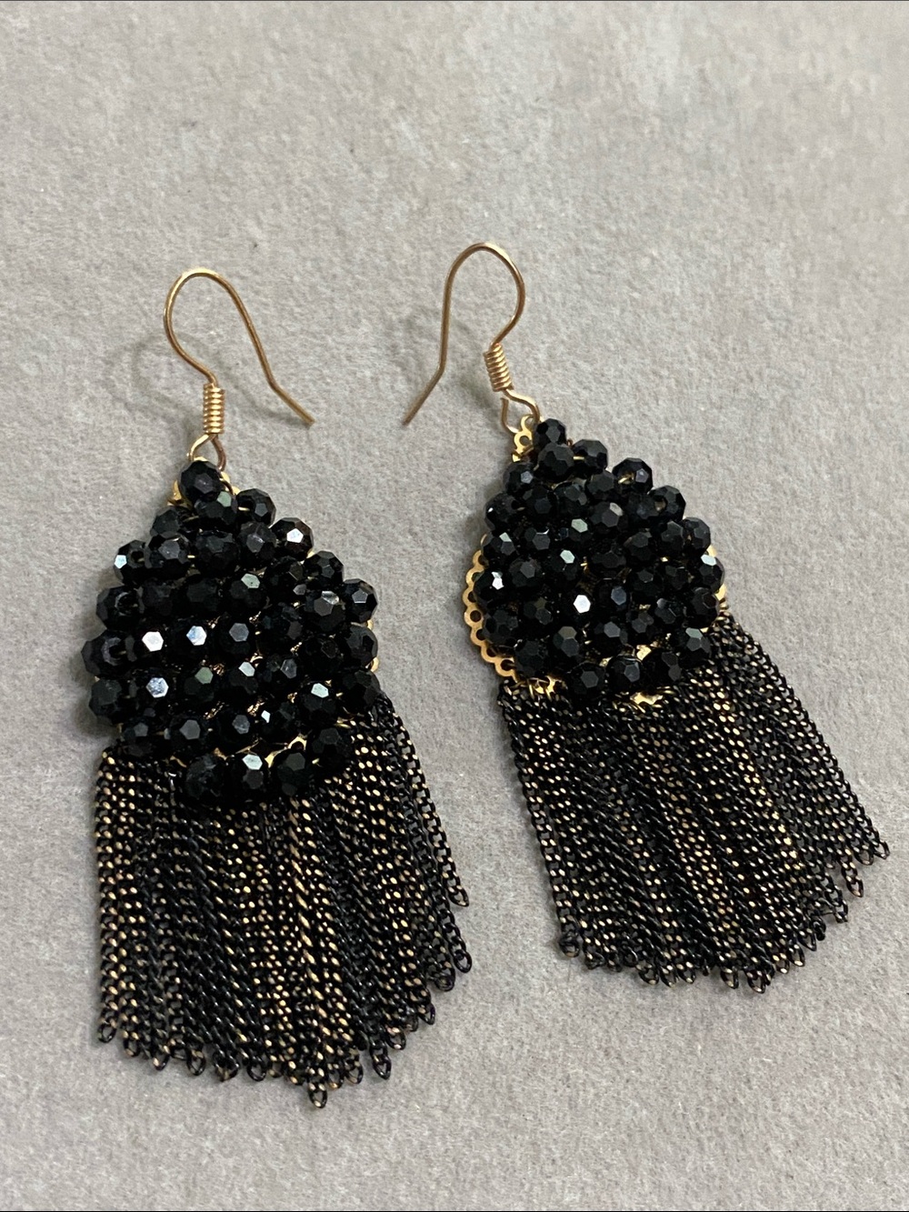 Gold & Black Beaded Tassel Drop Earrings